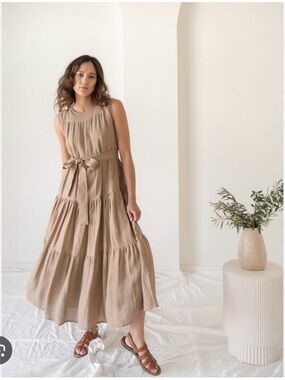Laude The Label Sleeveless Tiered Maxi Linen Dress with Waist Tie - Taupe sz M